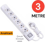 Tek-İş Topraklı Anahtarlı 6'lı 3 m Grup Priz Beyaz