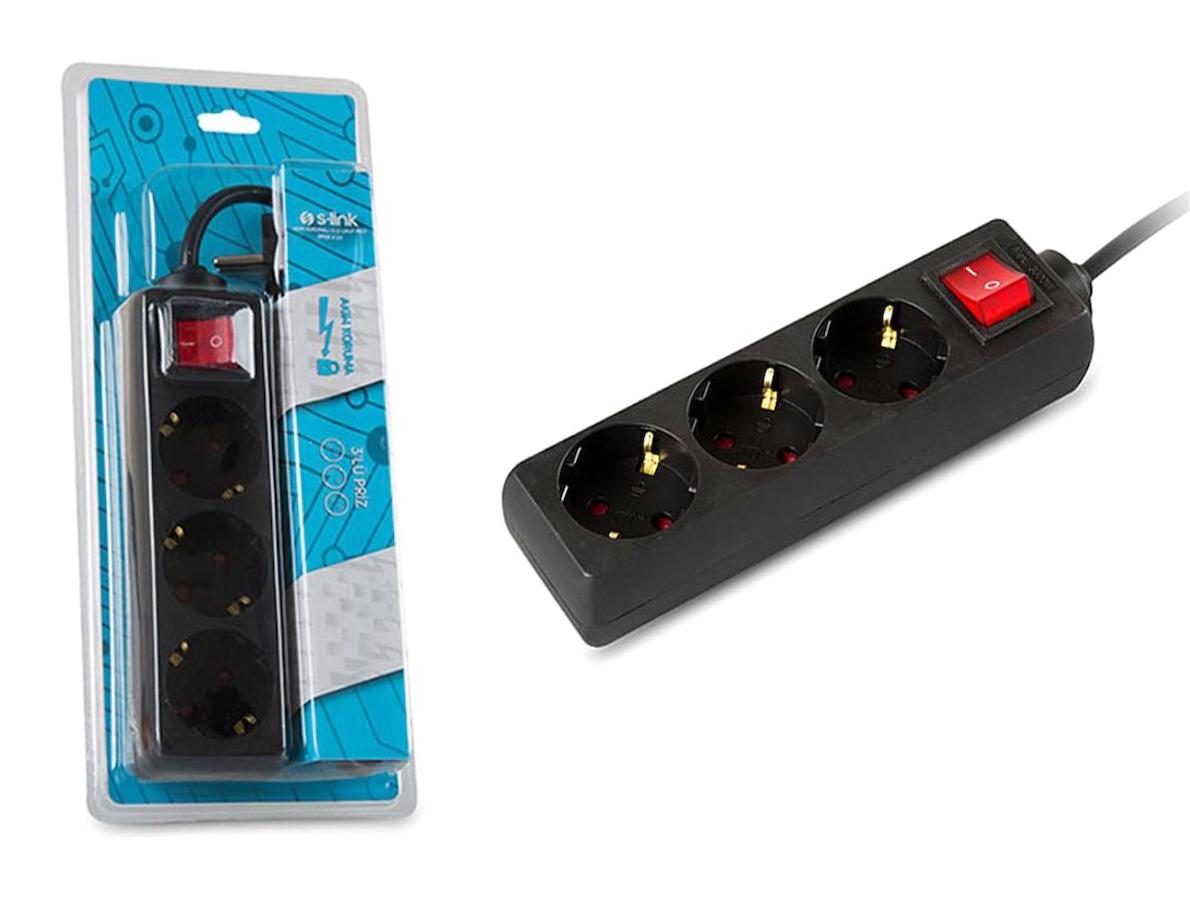 S-link SPG8-3-30 2500 W Kalın Akım Korumalı 3'lü 3 m Uzatma Kablosu Siyah