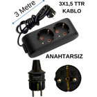 Avarson 3500 W Kalın Topraklı 2'li 3 m Uzatma Kablosu Siyah