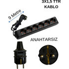 Avarson 3500 W Kalın Topraklı 6'lı 9 m Uzatma Kablosu Siyah