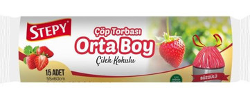 Stepy Çilek Kokulu Büzgülü Orta Boy 55x60 cm Çöp Poşeti 15 Adet Kırmızı