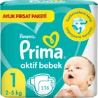 Prima Aktif Bebek 1 Numara Cırtlı Bebek Bezi 136 Adet