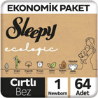 Sleepy Ekonomik Paket 1 Numara Organik Göbek Oyuntulu Cırtlı Bebek Bezi 64 Adet