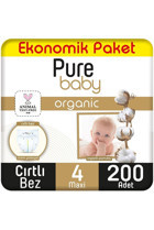 Pure Baby Ekonomik Paket 4 Numara Organik Cırtlı Bebek Bezi 200 Adet