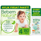 Bebem Natural Doğa Özleri 4 Numara Organik Cırtlı Bebek Bezi 180 Adet + Evony Maske 10'lu Hediyeli