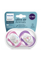Philips Avent Ultra Air Animals SCF080/08 6-18 Ay Delikli Ortodontik Damaklı Silikon 2'li Emzik Mor Pembe