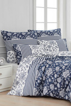 Mislina Home Pamuk Polyester Dört Mevsim 160 x 220 cm Çiçekli Tek Kişilik Nevresim Takımı Beyaz Lacivert