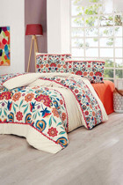 Vionel Home Pamuk Dört Mevsim 200 x 220 cm Çiçekli Çift Kişilik Nevresim Takımı Krem Turuncu