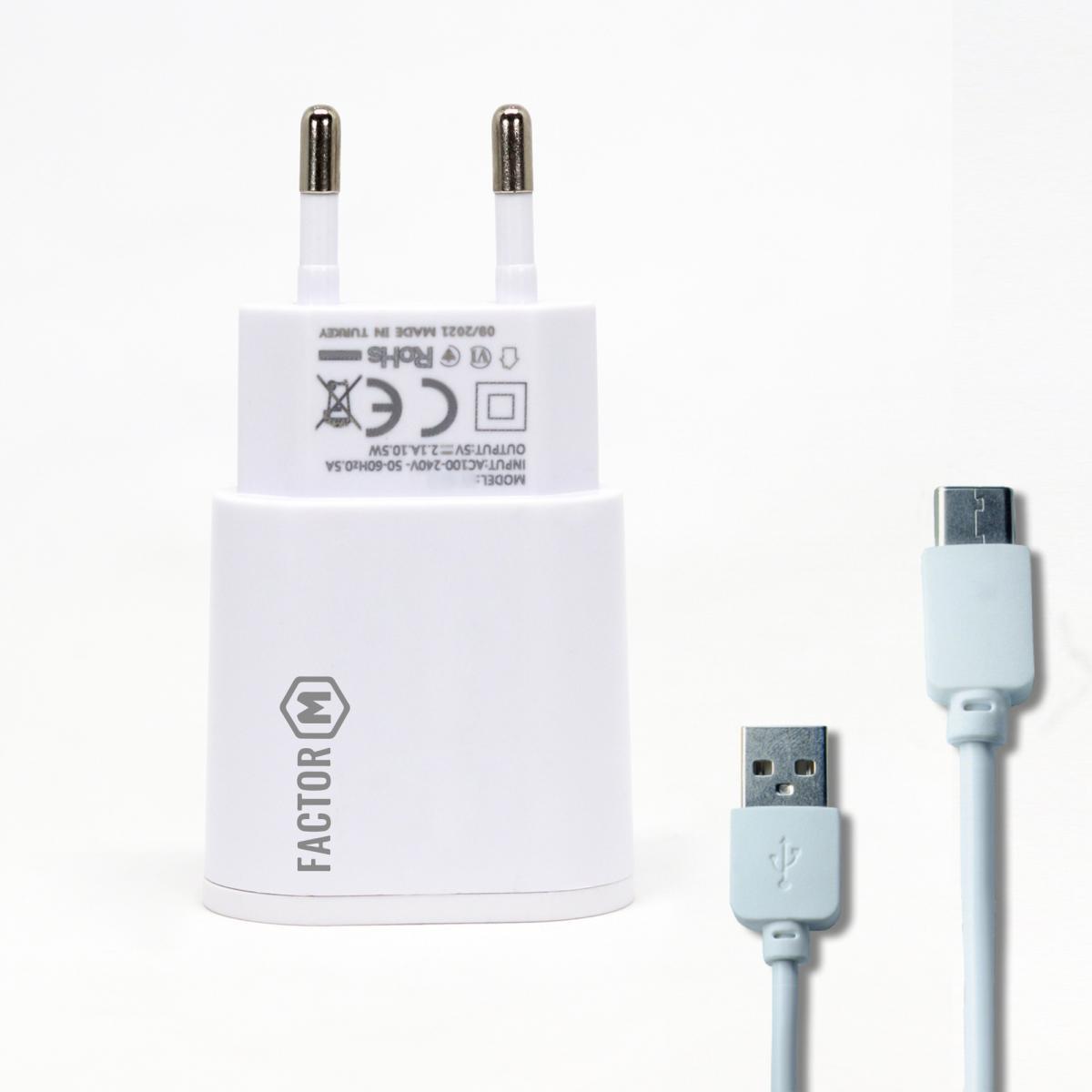 Factor M FM101T Universal Type-C Kablolu 2.1 Amper Hızlı Şarj Aleti Beyaz