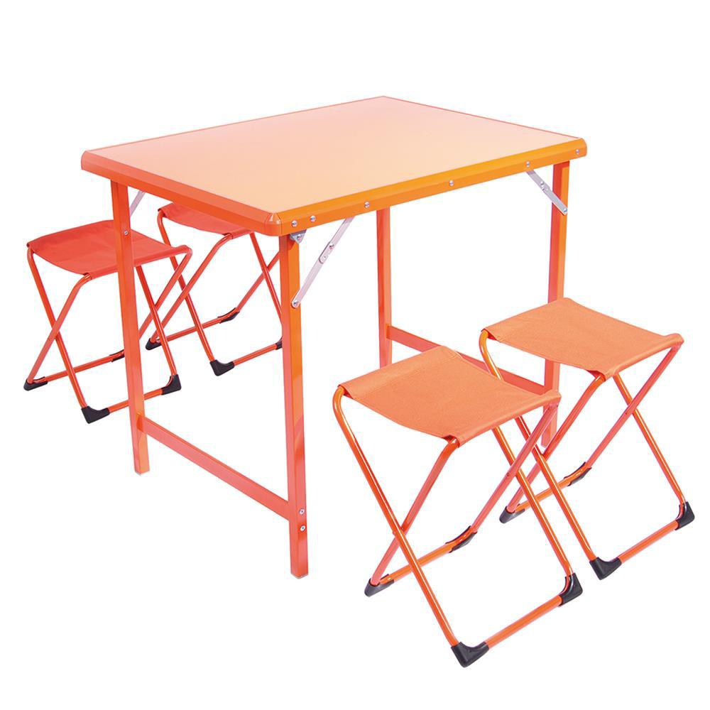 Andoutdoor 80 x 60 cm Tabureli Çantalı Dikdörtgen Alüminyum Katlanır 4'lü Kamp Masası Turuncu