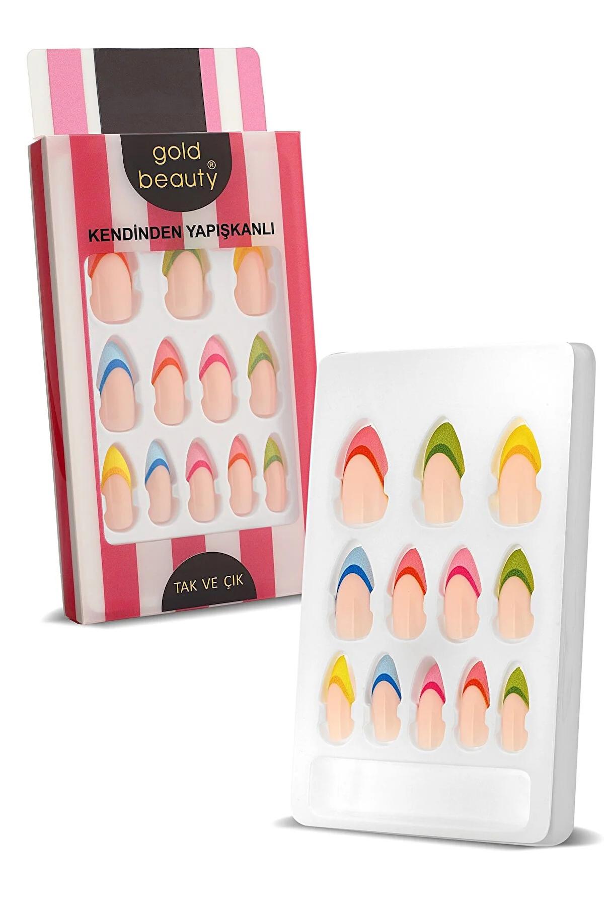 Gold Beauty French 12'li Oval Çok Renkli Takma Tırnak