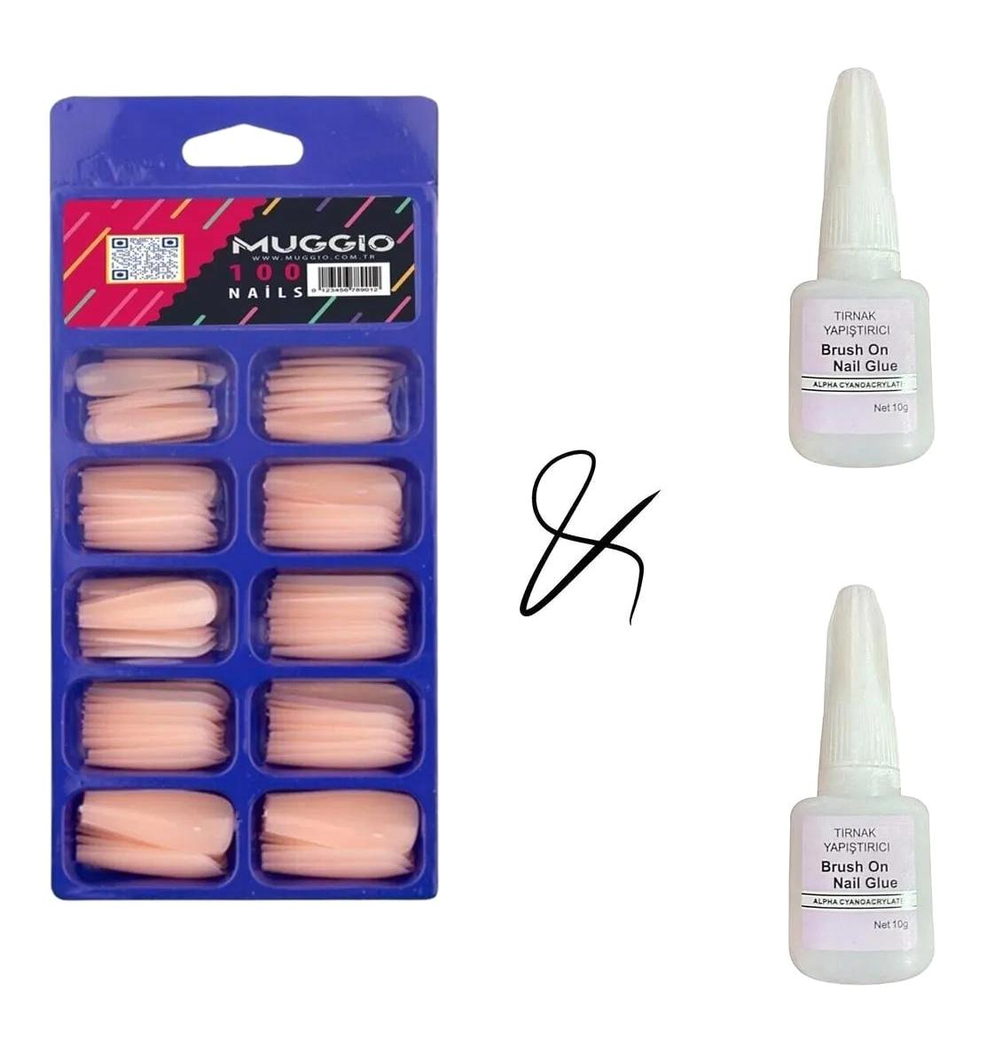 Muggio Parlak 100'lü Küt Pembe Takma Tırnak + Tırnak Yapıştırıcısı 10gr 2'li