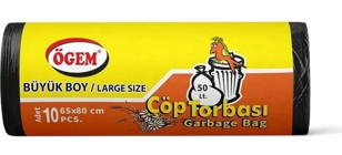 Ögem Büyük Boy Çöp Torbası 65 x 80 cm 10 Lu Rulo x 5 Paket = 50 Adet (Siyah)