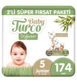 Baby Turco Ekonomik Fırsat Paketi 5 Numara Organik Cırtlı Bebek Bezi 174 Adet