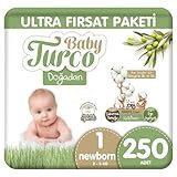 Baby Turco Doğadan Ultra Fırsat Paketi 1 Numara Organik bantlı Bebek Bezi 250 Adet