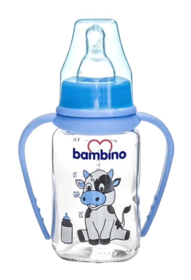 Bambino Silikon Yenidoğan Yavaş Akışlı Kulplu 0+ Ay Desenli Mavi Biberon 125 ml
