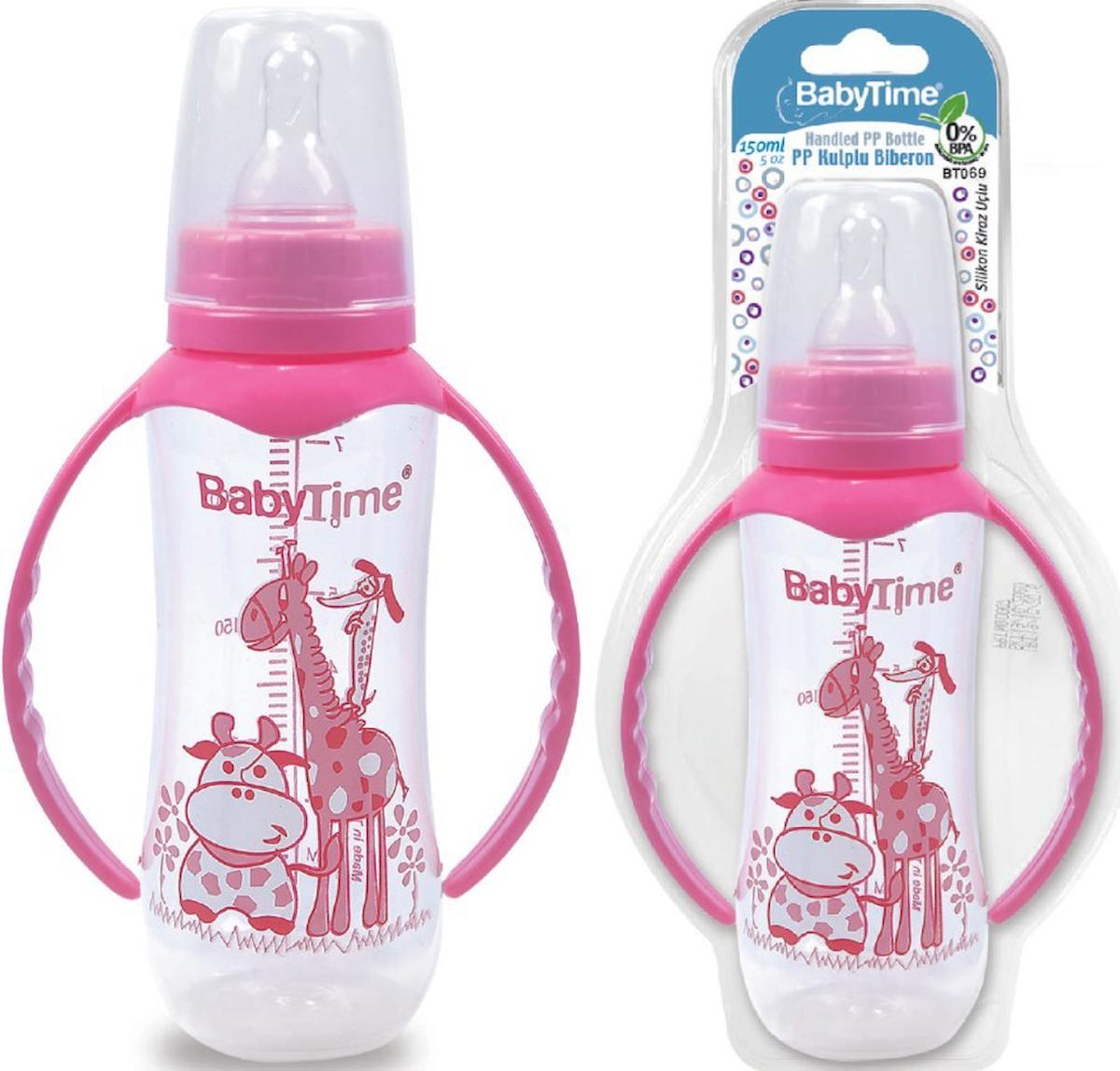 Baby Time Silikon Yenidoğan Kulplu 6+ Ay Desenli Pembe Biberon 250 ml