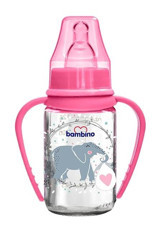 Bambino Silikon Yenidoğan Yavaş Akışlı Kulplu 0-6 Ay Desenli Pembe Biberon 125 ml