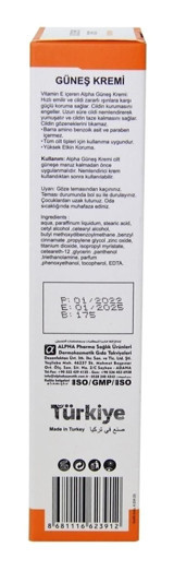 Alpha 60 Faktör Tüm Ciltler İçin Nemlendirici Suya Dayanıklı Yüz Güneş Kremi 100 ml