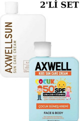 Axwell Kids Sun 50 Faktör Tüm Ciltler İçin Leke Karşıtı Nemlendirici Aydınlatıcı Yağsız Suya Dayanıklı Yüz ve Vücut Güneş Kremi 2x100 ml