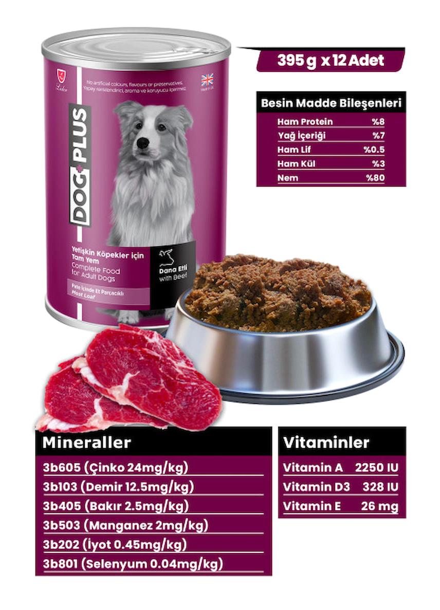 Dogplus Pate Dana Etli Aromalı Parça Etli Yetişkin Köpek Maması 395 gr 12'li