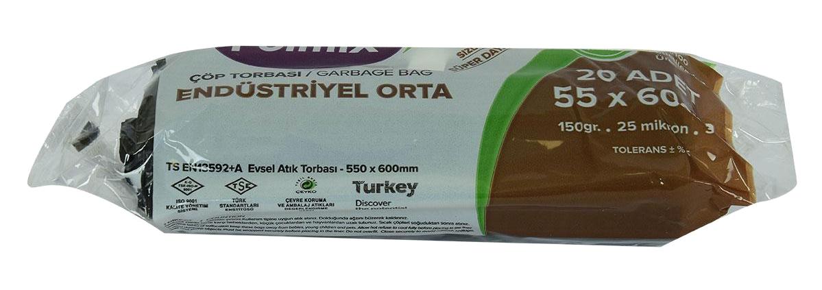 Polmix Endüstriyel Orta Boy 55x60 cm Çöp Poşeti 20 Adet Siyah