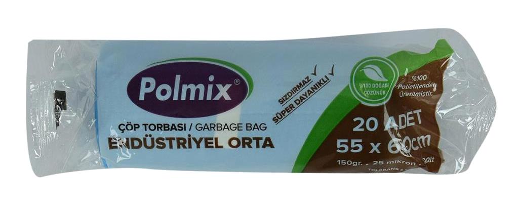 Polmix Endüstriyel Orta Boy 55x60 cm Çöp Poşeti 20 Adet Mavi