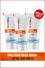 New Well Yüksek Koruma Renksiz 50 Faktör Tüm Ciltler İçin Nemlendiricili Suya Dayanıklı Güneş Kremi 3x50 ml