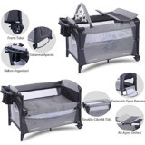 Hoffie Sleep Side Play Demir 35 kg Kapasiteli Ayarlanabilir Taşınabilir Ara Katlı 116x70 cm Sallanan Anne Yanı Park Yatak Gri