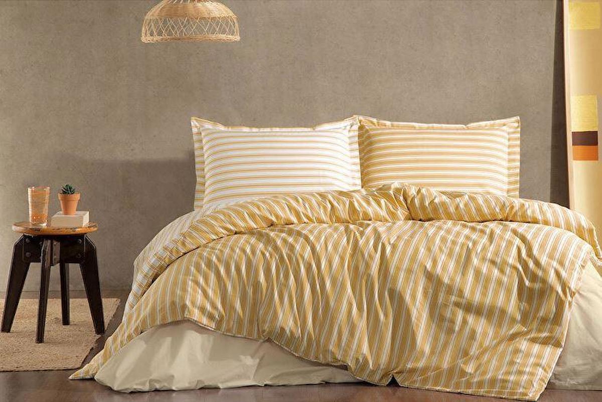 Özdilek Trioline Pamuk Dört Mevsim 200 x 220 cm Çizgili Çift Kişilik Nevresim Takımı Hardal