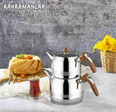 Kahramanlar Yağmur Mini Çelik Ahşap Kulplu Çaydanlık Gümüş