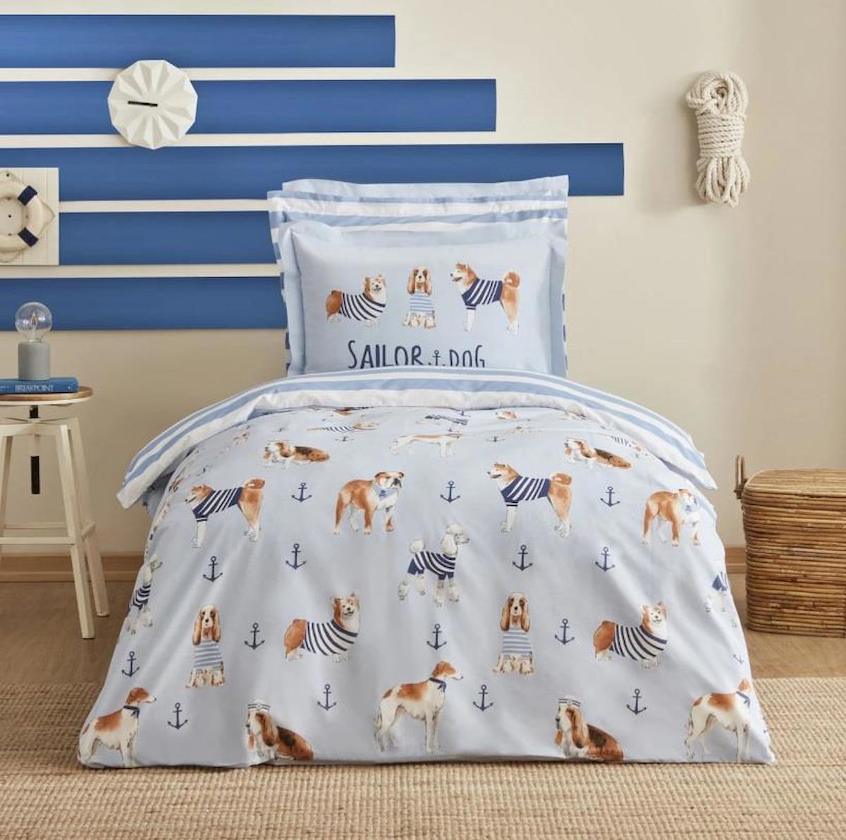 Karaca Home Young Sailor Dog Pamuk 160x220 cm Çarşaflı Lastikli Sailor Dog Tek Kişilik Nevresim Takımı Mavi
