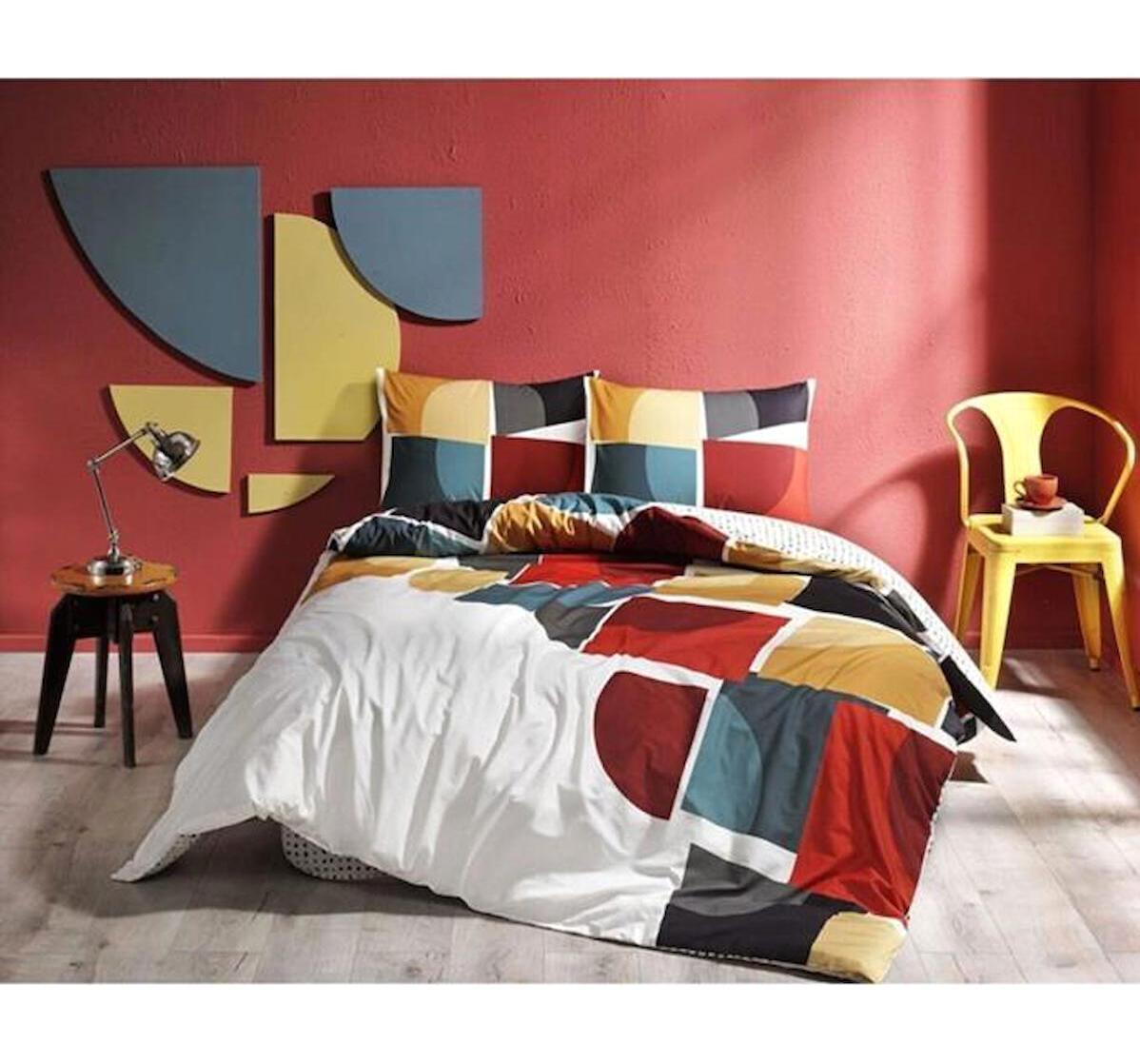 Taç Leo Pamuk 160x220 cm Çarşaflı Lastikli Geometrik Tek Kişilik Nevresim Takımı Hardal
