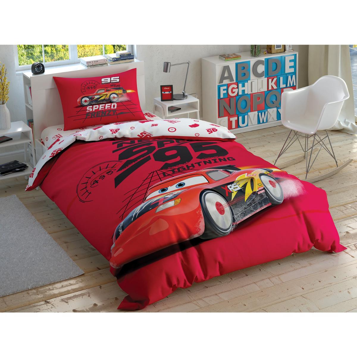 Taç Frenzy Pamuk 160x220 cm Çarşaflı Lastikli Cars Tek Kişilik Nevresim Takımı Kırmızı