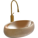 Lena E-8140 Tekli 14 cm Porselen Tezgah Üstü Oval Lavabo Altın