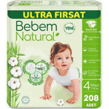 Bebem Natural Ultra Fırsat Paketi 4 Numara Organik Bantlı Bebek Bezi 208 Adet