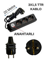 Avarson 3x1.5 TTR 3500 W Topraklı Anahtarlı 3'lü 20 m Uzatma Kablosu Siyah