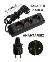Avarson 3x1.5 TTR 3500 W Topraklı 3'lü 9 m Uzatma Kablosu Siyah