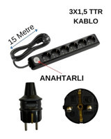 Avarson 3x1.5 TTR 3500 W Topraklı Anahtarlı 6'lı 15 m Uzatma Kablosu Siyah