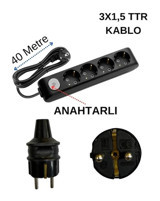 Avarson 3x1.5 TTR 3500 W Topraklı Anahtarlı 4'lü 40 m Uzatma Kablosu Siyah