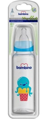 Bambino B019 Polipropilen Yenidoğan Yavaş Akışlı Kulpsuz 0-6 Ay Desenli Mavi Biberon 250 ml