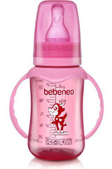 Bebeneo Polipropilen Gaz Yapmayan Antikolik Kulplu Desenli Pembe Biberon 140 ml