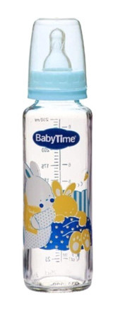Babytime Polipropilen Yenidoğan Yavaş Akışlı Kulpsuz 0-6 Ay Desenli Mavi Biberon 250 ml