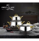 First Class Delux 6 Parça Cam Kapaklı Çelik Saplı Çelik Tencere Seti