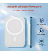 Store 5000 mAh Hızlı Şarj Mıknatıslı Micro USB Kablosuz Powerbank Beyaz