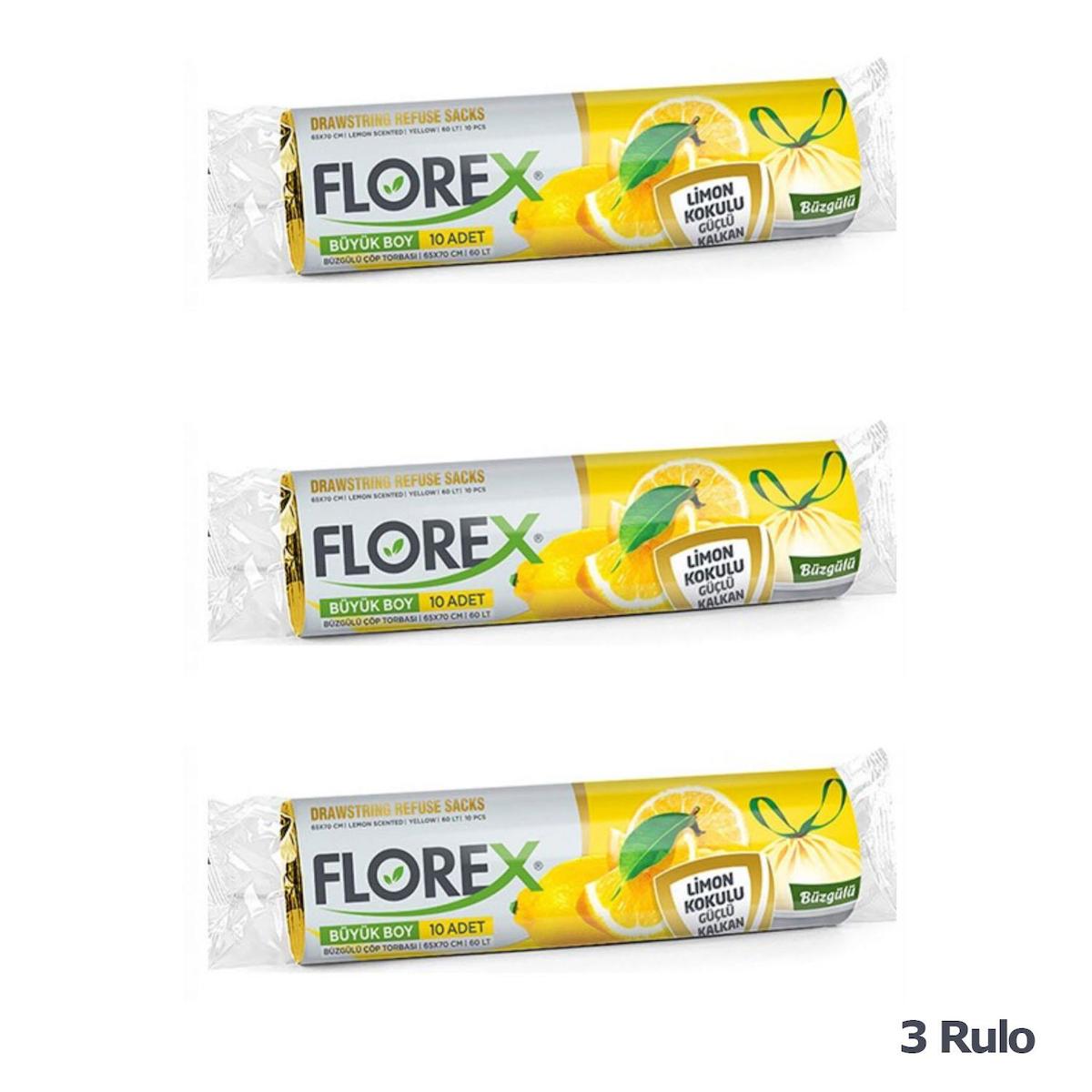 Florex Limon Kokulu Büzgülü Büyük Boy 65x70 cm Çöp Poşeti 3x10 Adet Sarı