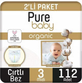 Pure Baby Pamuklu Midi 3 Numara Organik Cırtlı Bebek Bezi 2x112'li