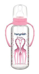 Hanymish 402 Cam Yavaş Akışlı Kulplu 0-6 Ay Desenli Pembe Biberon 240 ml