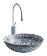 Lena E-7029 Dekoratif Tekli 40 cm Porselen Tezgah Üstü Yuvarlak Lavabo Çok Renkli