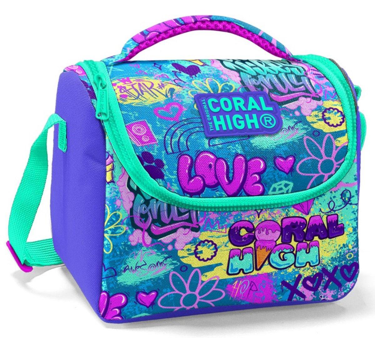 Coral High Graffiti Desenli Termoslu Pembe - Turkuaz Beslenme Çantası